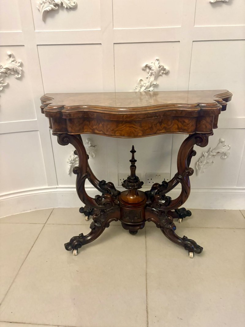 Antique Exceptional Quality Victorian Burr Walnut Card Table/Console Table with Carved Basket Base - Image 3
